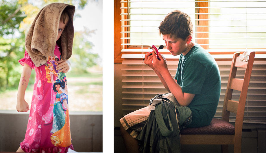 Left: A child shows off his favorite nightgown. Right: Throughout the weekend make-up is applied, removed and reapplied and wardrobe change is constant.