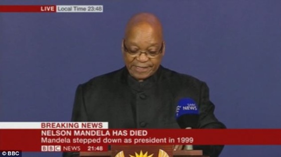 The BBC interrupted programmes on it's channels so that Jacob Zuma could announce that the 'secular saint' had died. The BBC interrupted programmes on it's channels so that Jacob Zuma could announce that the 'secular saint' had died.