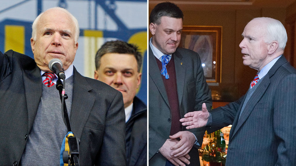Svoboda party leader Oleh Tyahnybok with John McCain at a gala in December, which involved all the different factions of protesters and was fully endorsed by the US.