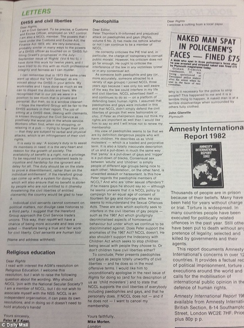 The autumn 1982 edition of Rights, the in-house magazine of the NCCL. Self-confessed paedophile Mike Morten's letter was published on page 9 The autumn 1982 edition of Rights, the in-house magazine of the NCCL. Self-confessed paedophile Mike Morten's letter was published on page 9