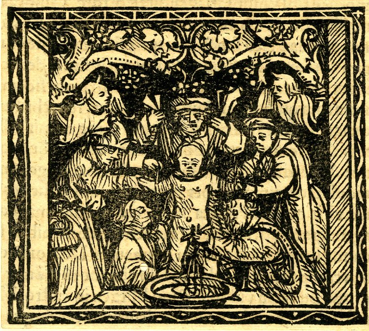 A male Christian child's blood is drained by Jews in an ancient wood relief.