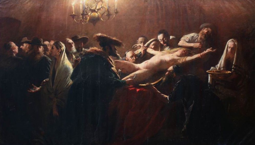 A blonde Christian female has her blood sucked out of her by Jewish religious officials.