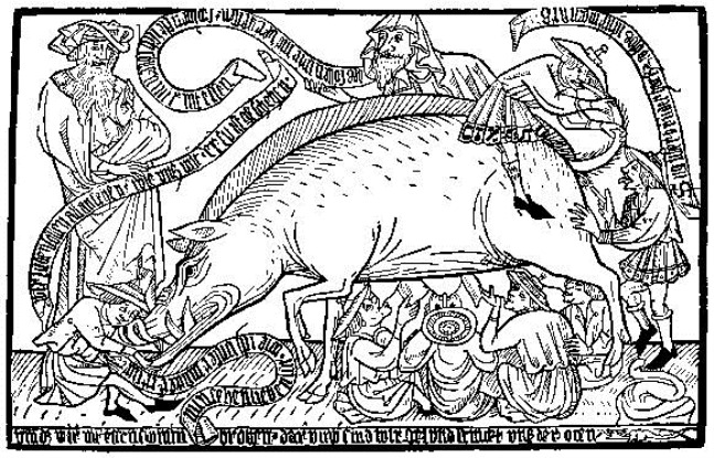 jewish-scholars-wearing-pointed-hats-are-suckled-by-their-wetnurse-the-devils-pig-from-the-earliest-extant-anti-semetic-broadside-germany-1475 jewish-scholars-wearing-pointed-hats-are-suckled-by-their-wetnurse-the-devils-pig-from-the-earliest-extant-anti-semetic-broadside-germany-1475