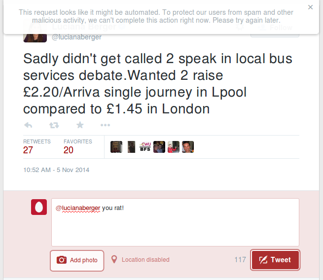 Sending the word "rat" to Luciana Berger results in Twitter accusing you of not being a real person.