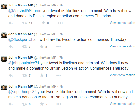 John Mann went on a rampage, threatening to arrest everyone who retweeted Bonehill's criticism.