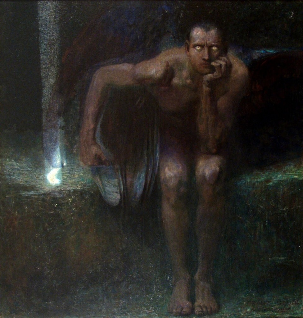 This is a painting of Lucifer.  It was painted by German artist Franz von Stuck in the year 1890.