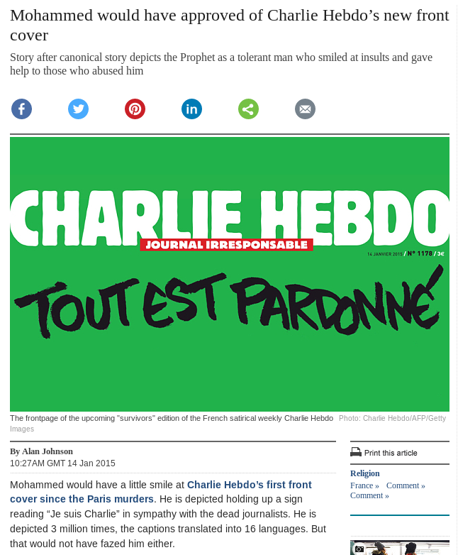 Note that the Telegraph, while celebrating the cover as pro-Islam, won't actually print it because they don't want to get Charlied.