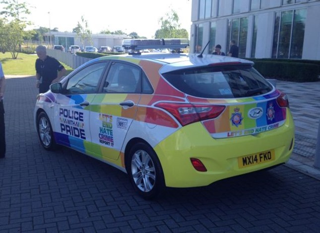 Gay police patrol car - often called the "Buttmobile" - in Manchester