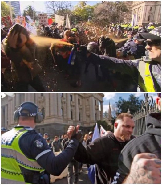 Top pic shows a Victorian cop demonstrating the latest in anarchist repellent. Below shows an officer grateful that patriots could be counted on not to behave like Africans.