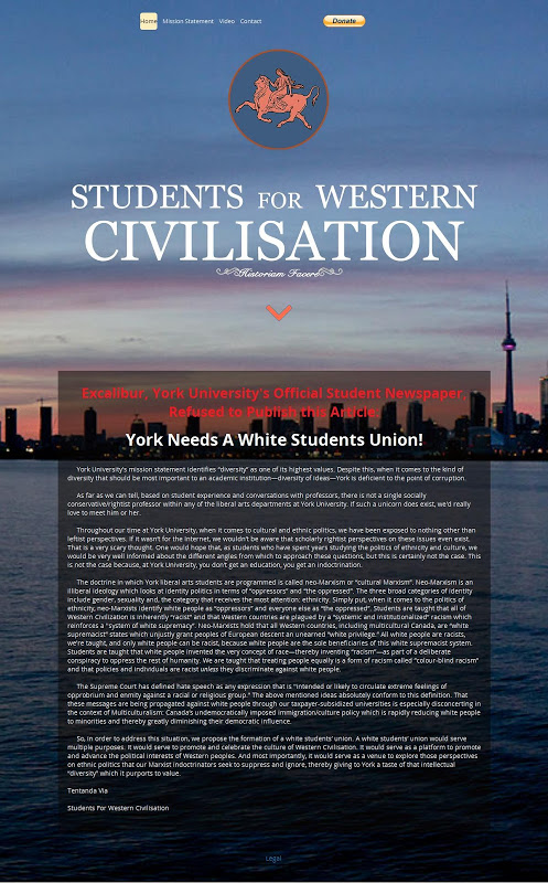 Students For Western Civilization proposing the formation of a White students' union at York University on their home page