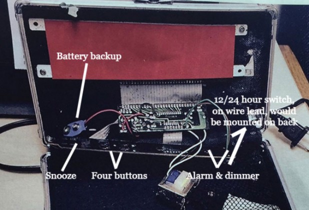 This is the same clock, unscrewed and put inside a pencil box so it looks like a bomb.