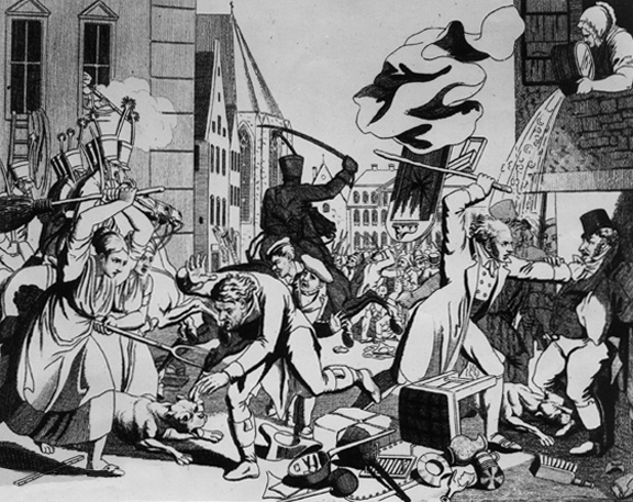 Die sogenannten "Hep-Hep-Krawalle" in Frankfurt am Main, Antisemitische Ausschreitungen in Deutschland 1819; Radierung, zeitgenössischOriginal: Frankfurt am Main, Historisches MuseumStandort bitte unbedingt angeben!;